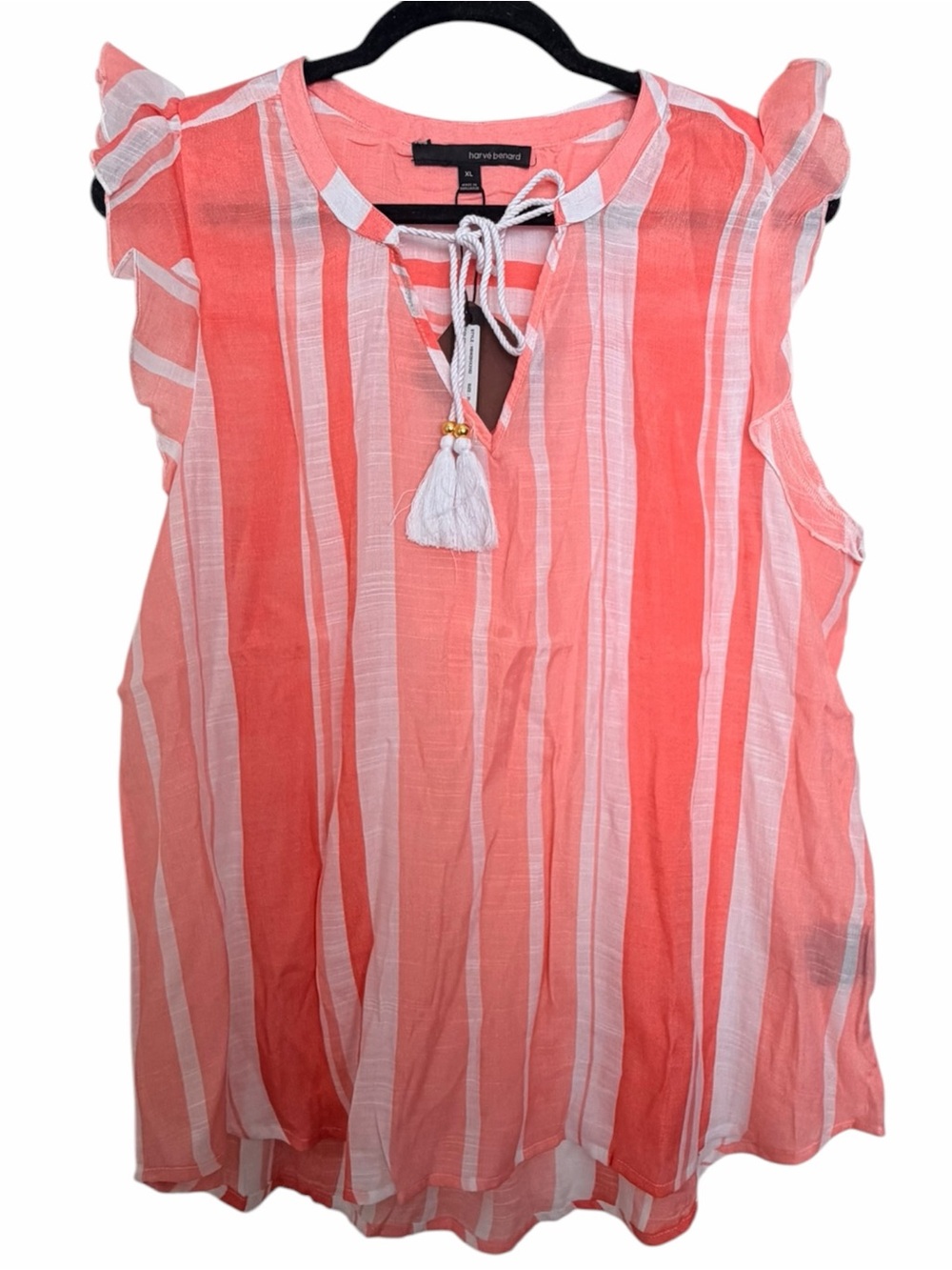 Harve Benard Coral and White Striped Tassel Tie Flutter Sleeve Top